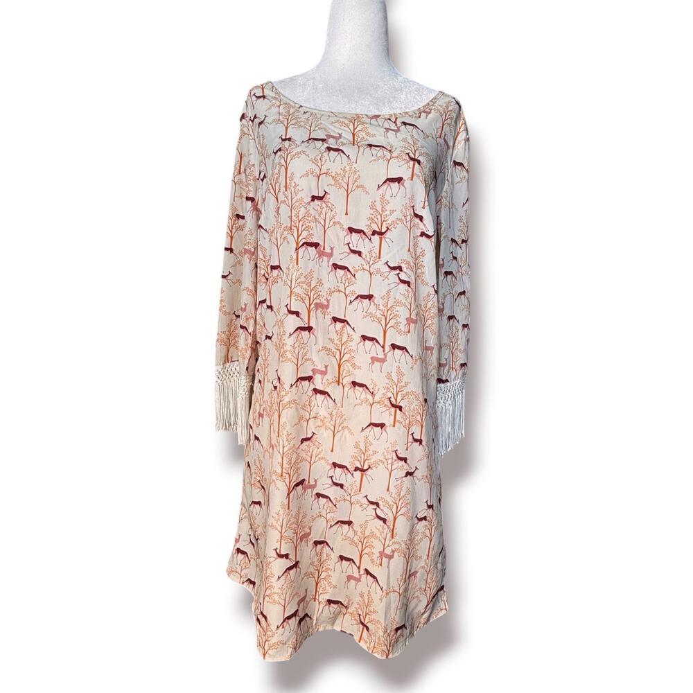 Willow & Clay Deer Print Crochet Fringe Sleeve Tunic‎ Dress Boho Woodland Small